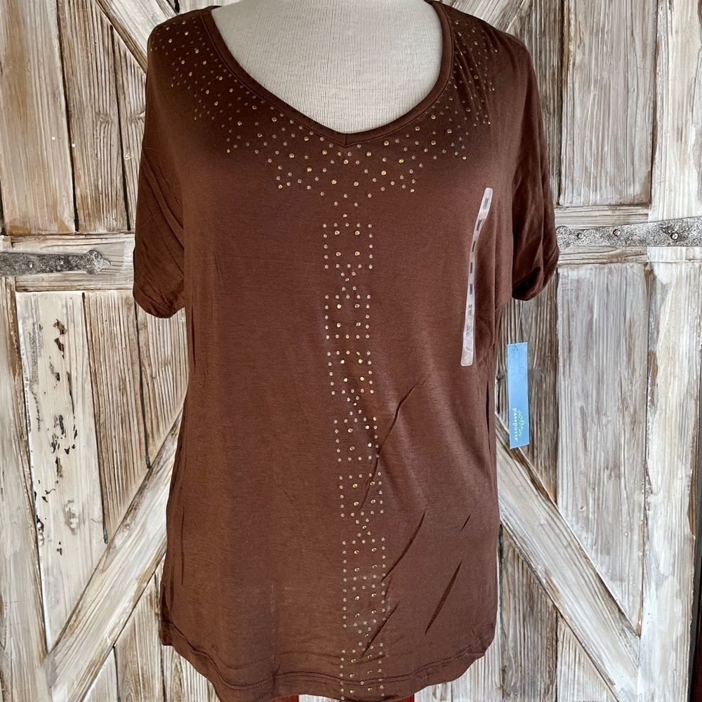 NWT Passports Brown Short Sleeve Top Size M